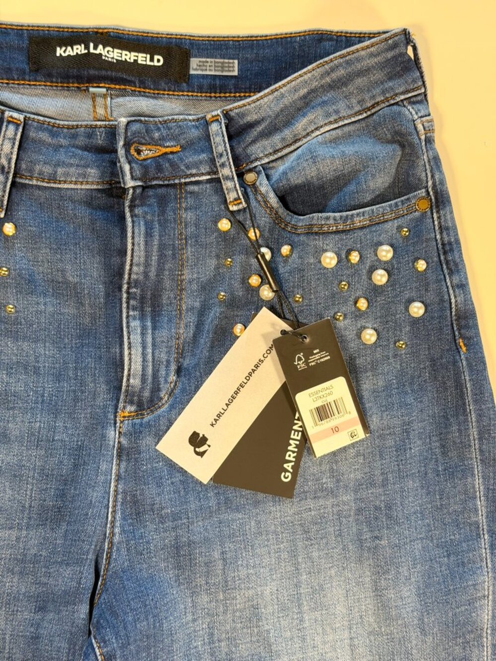 Karl Lagerfeld Paris NWT Pearl & Stud Embellished Straight Leg Jeans Sz 10